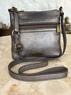 Fossil Leather Crossbody Bag Metallic Bronze Adjustable Strap